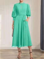 A-line High Neck Tea-Length Lace Chiffon Mother of the Bride Dress With Bow by Dreamylily