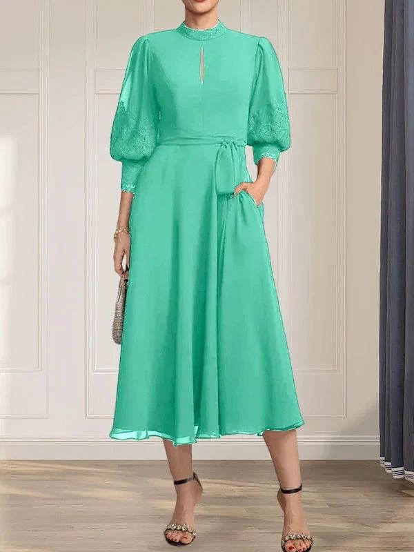 A-line High Neck Tea-Length Lace Chiffon Mother of the Bride Dress With Bow by Dreamylily