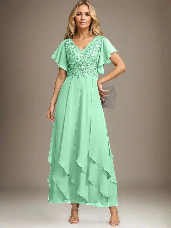 A-line V-Neck Ankle-Length Lace Chiffon Mother of the Bride Dress With Cascading Ruffles by Dreamylily