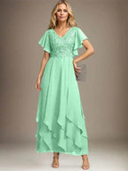 A-line V-Neck Ankle-Length Lace Chiffon Mother of the Bride Dress With Cascading Ruffles by Dreamylily
