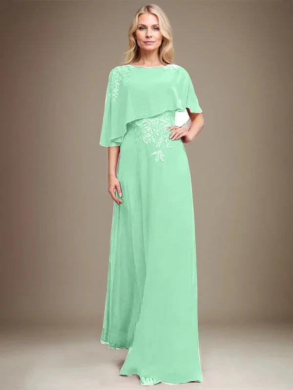 A-line Scoop Floor-Length Chiffon Lace Mother of the Bride Dress With Sequins Beading by Dreamylily