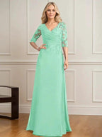 A-line V-Neck Floor-Length Lace Chiffon Mother of the Bride Dress With Pleated Sequins by Dreamylily