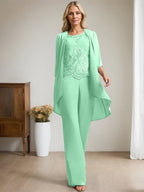Separates Jumpsuit/Pantsuit Scoop Floor-Length Chiffon Lace Mother of the Bride Dress With Beading Sequins