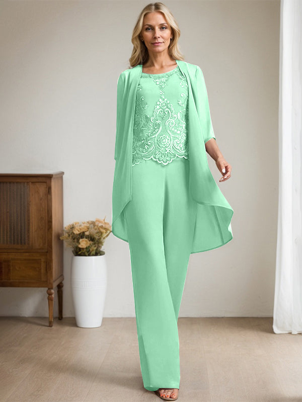 Separates Jumpsuit/Pantsuit Scoop Floor-Length Chiffon Lace Mother of the Bride Dress With Beading Sequins