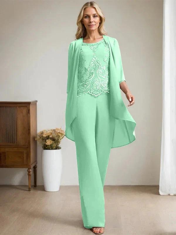 Separates Jumpsuit/Pantsuit Scoop Floor-Length Chiffon Lace Mother of the Bride Dress With Beading Sequins by Dreamylily