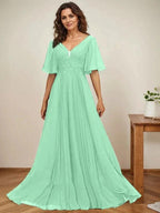 A-line V-Neck Floor-Length Chiffon Mother of the Bride Dress With Sequins Appliques Lace Pleated by Dreamylily