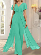 Jumpsuit/Pantsuit V-Neck Floor-Length Chiffon Evening Dress