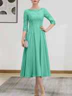 A-line Scoop Illusion Tea-Length Chiffon Lace Mother of the Bride Dress With Beading Sequins by Dreamylily