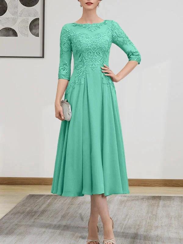 A-line Scoop Illusion Tea-Length Chiffon Lace Mother of the Bride Dress With Beading Sequins by Dreamylily