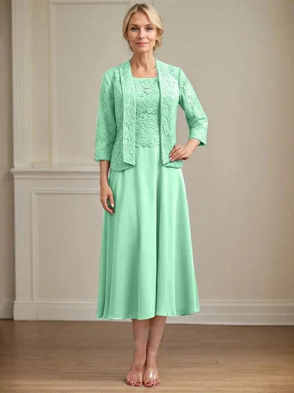 A-line Scoop Tea-Length Lace Chiffon Mother of the Bride Dress by Dreamylily