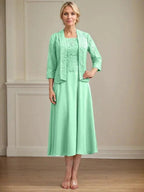 A-line Scoop Tea-Length Lace Chiffon Mother of the Bride Dress by Dreamylily