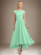 A-line Scoop Illusion Asymmetrical Lace Chiffon Mother of the Bride Dress With Pleated by Dreamylily