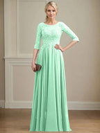 A-line Scoop Illusion Floor-Length Lace Chiffon Mother of the Bride Dress With Sequins by Dreamylily