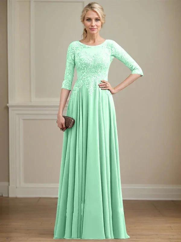 A-line Scoop Illusion Floor-Length Lace Chiffon Mother of the Bride Dress With Sequins by Dreamylily