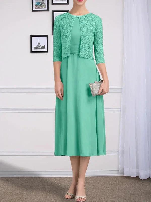 A-line Scoop Tea-Length Chiffon Mother of the Bride Dress With Pleated by Dreamylily