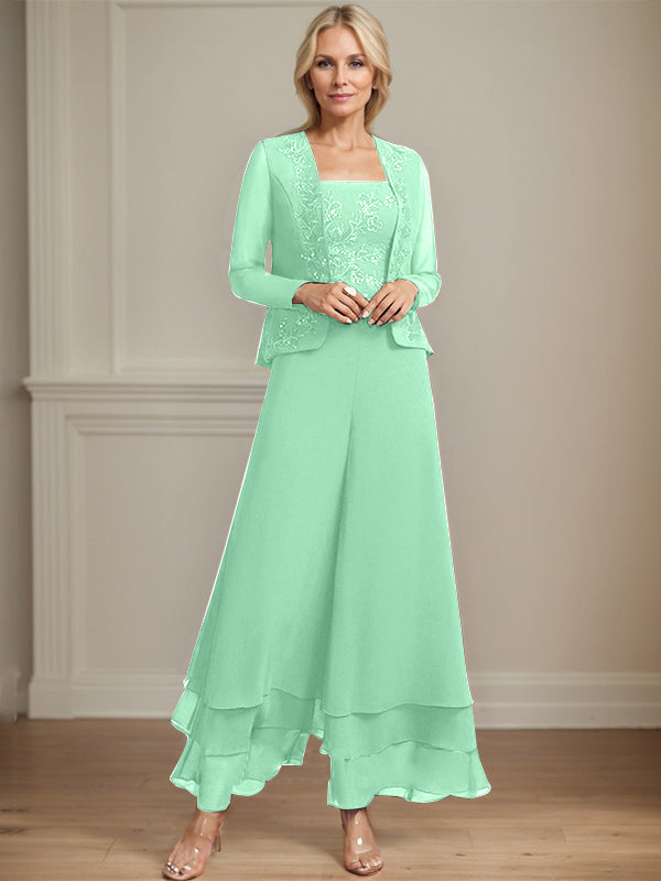 Separates Jumpsuit/Pantsuit Square Ankle-Length Lace Chiffon Mother of the Bride Dress With Sequins