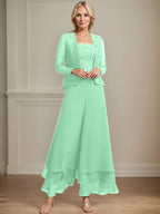 Separates Jumpsuit/Pantsuit Square Ankle-Length Lace Chiffon Mother of the Bride Dress With Sequins