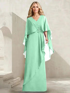 A-line V-Neck Floor-Length Chiffon Mother of the Bride Dress With Cascading Ruffles Beading by Dreamylily
