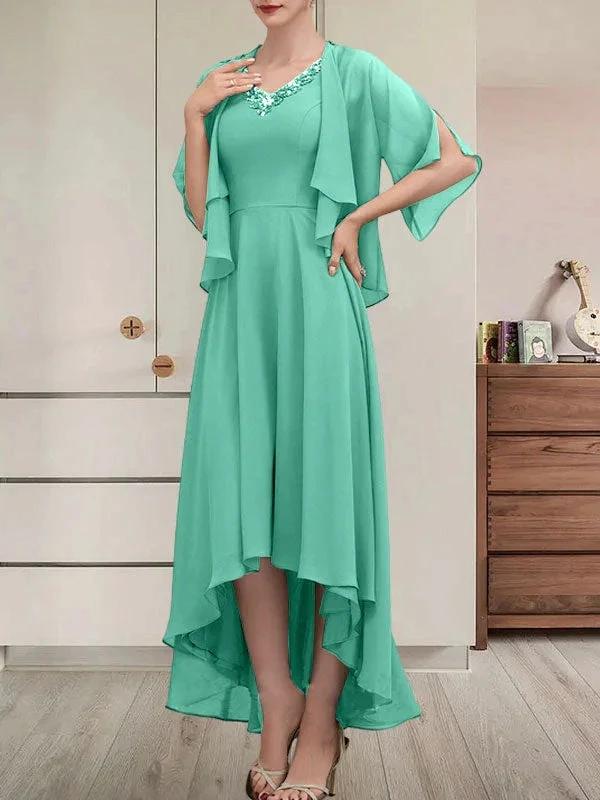 A-line V-Neck Asymmetrical Chiffon Mother of the Bride Dress With Beading Sequins by Dreamylily