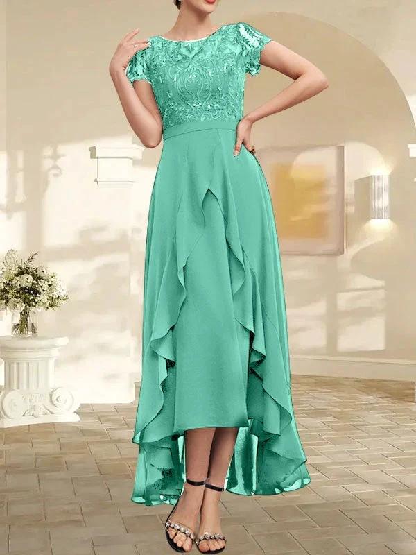 A-line Scoop Illusion Asymmetrical Chiffon Lace Mother of the Bride Dress With Bow Ruffle Sequins by Dreamylily