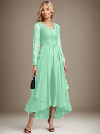 A-line V-Neck Asymmetrical Lace Chiffon Mother of the Bride Dress by Dreamylily