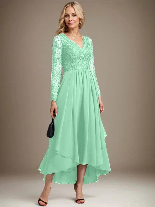 A-line V-Neck Asymmetrical Lace Chiffon Mother of the Bride Dress by Dreamylily