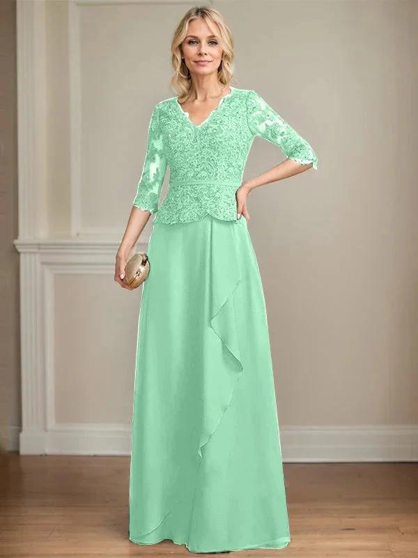 A-line V-Neck Floor-Length Lace Chiffon Mother of the Bride Dress With Cascading Ruffles Sequins by Dreamylily
