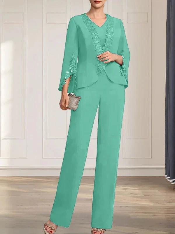 Separates Jumpsuit/Pantsuit V-Neck Floor-Length Chiffon Mother of the Bride Dress by Dreamylily