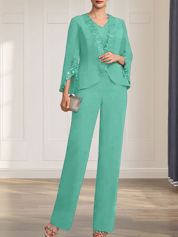 Separates Jumpsuit/Pantsuit V-Neck Floor-Length Chiffon Mother of the Bride Dress