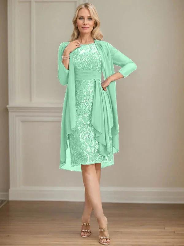 Sheath/Column Scoop Illusion Knee-Length Lace Chiffon Mother of the Bride Dress With Cascading Ruffles Sequins by Dreamylily