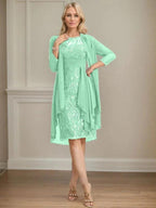 Sheath/Column Scoop Illusion Knee-Length Lace Chiffon Mother of the Bride Dress With Cascading Ruffles Sequins by Dreamylily