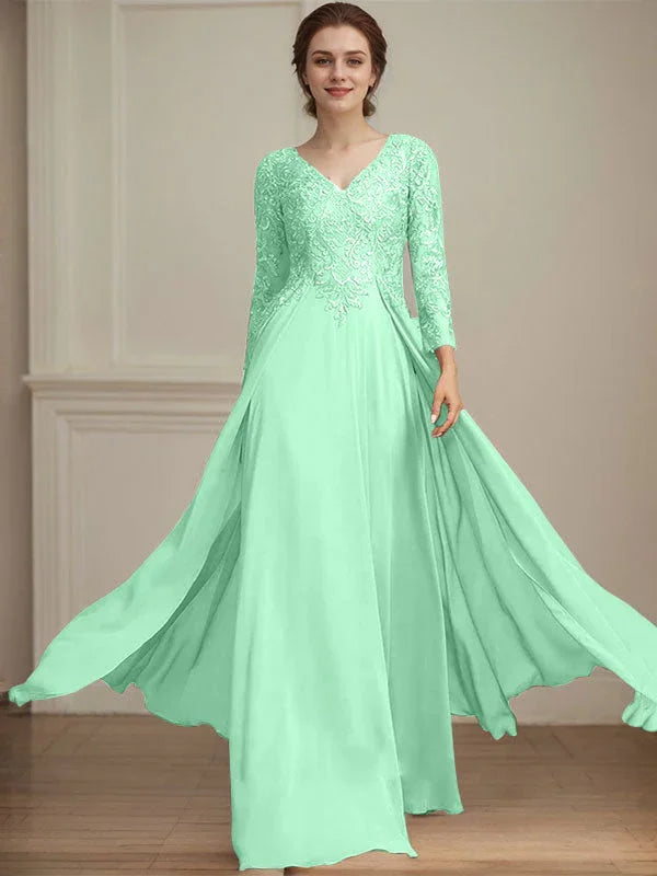 A-line V-Neck Floor-Length Lace Chiffon Mother of the Bride Dress With Sequins by Dreamylily
