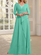 A-line V-Neck Floor-Length Chiffon Mother of the Bride Dress With Pleated Beading by Dreamylily