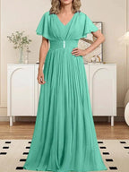 A-line V-Neck Floor-Length Chiffon Mother of the Bride Dress With Crystal Brooch Pleated by Dreamylily