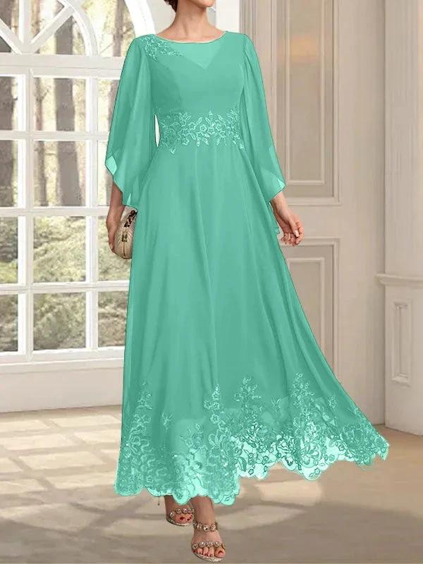 A-line Scoop Illusion Ankle-Length Lace Chiffon Mother of the Bride Dress With Sequins by Dreamylily
