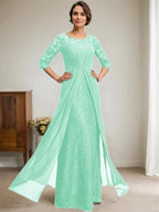 A-Line Scoop Illusion Floor-Length Lace Chiffon Mother Of the Bride Dress With Beading Ruffles by Dreamylily