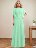 A-line Scoop Illusion Floor-Length Lace Chiffon Mother of the Bride Dress With Sequins by Dreamylily