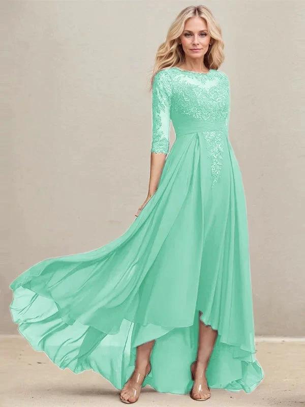 A-line Scoop Illusion Asymmetrical Lace Chiffon Mother of the Bride Dress With Pleated Sequins by Dreamylily