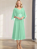 A-line V-Neck Tea-Length Chiffon Mother of the Bride Dress With Pleated Sequins Appliques Lace Beadind by Dreamylily