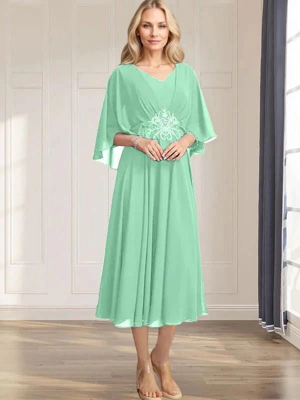 A-line V-Neck Tea-Length Chiffon Mother of the Bride Dress With Pleated Sequins Appliques Lace Beadind by Dreamylily
