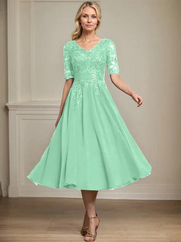A-line V-Neck Tea-Length Lace Chiffon Mother of the Bride Dress With Sequins by Dreamylily