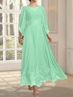 A-line Scoop Illusion Ankle-Length Lace Chiffon Mother of the Bride Dress With Sequins by Dreamylily