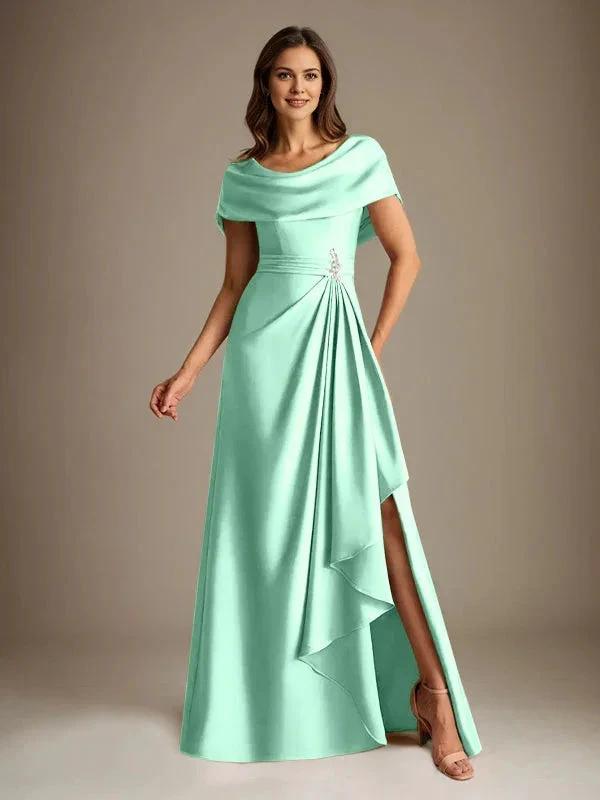 A-Line Scoop Floor-Length Stretch Satin Mother of the Bride Dress With Cascading Ruffles by Dreamylily