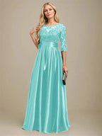 A-line Scoop Illusion Floor-Length Stretch Satin Lace Mother of the Bride Dress With Bow Sequins by Dreamylily