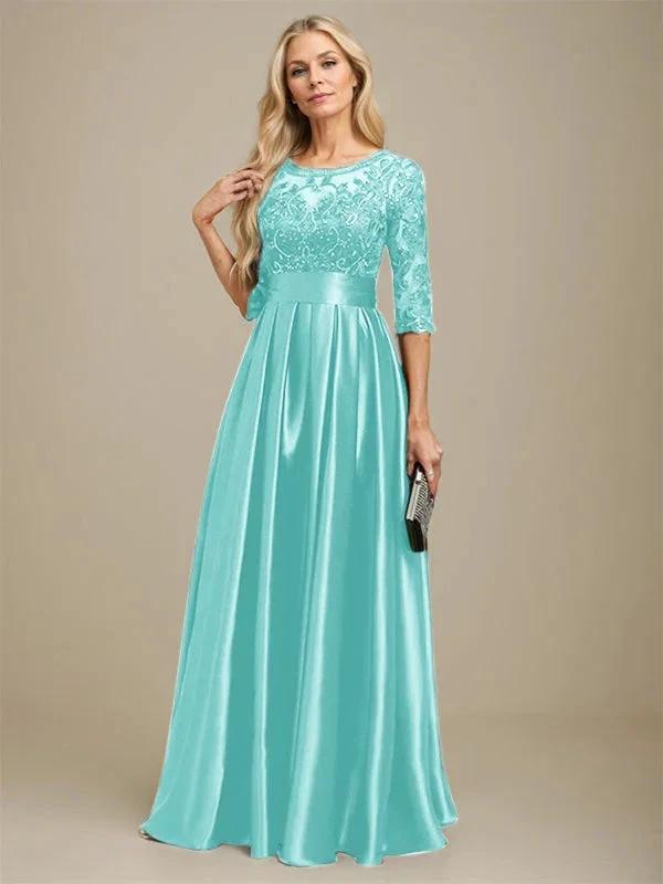 A-line Scoop Illusion Floor-Length Stretch Satin Lace Mother of the Bride Dress With Bow Sequins by Dreamylily