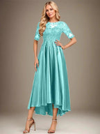 A-line Scoop Illusion Asymmetrical Stretch Satin Lace Mother of the Bride Dress With Sequins by Dreamylily