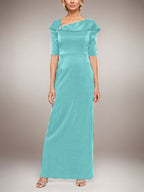 Long Shimmer Column Dress with Foldover Cuff L-Neckline and Elbow Sleeves