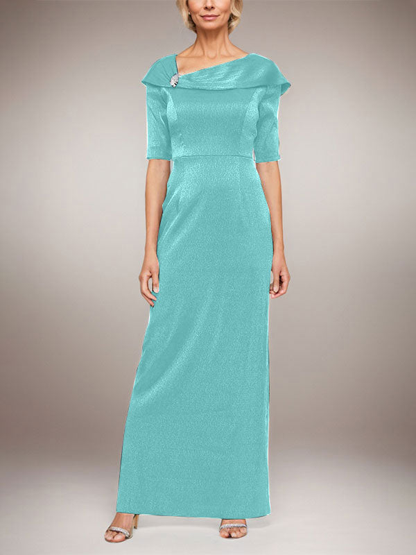 Long Shimmer Column Dress with Foldover Cuff L-Neckline and Elbow Sleeves