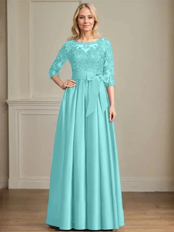 A-line Scoop Illusion Floor-Length Satin Lace Mother of the Bride Dress With Sequins Bow by Dreamylily
