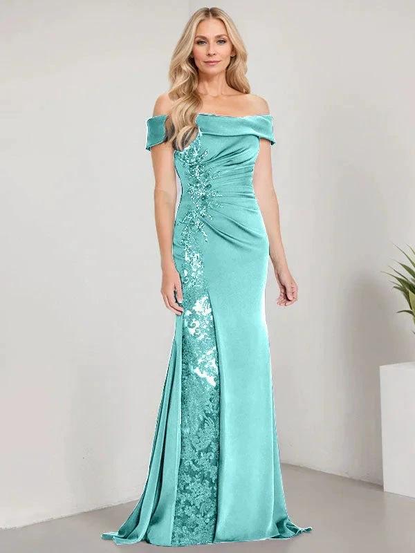 A-Line Off the Shoulder Floor-Length Mother of the Bride Dress Applique Beadings Mermaid Dress With High Split by Dreamylily